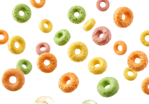 Vibrant multi-colored ring-shaped breakfast cereal pieces, crisp, falling against a transparent background with copy space, concept for a cheerful breakfast advertisement - Powered by Adobe