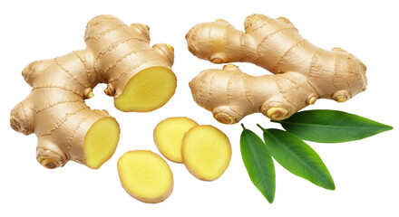Photorealistic top-down macro shot of whole and sliced ginger root with vibrant yellow interior and fresh green leaves, on a transparent background in a studio setting. Culinary freshness concept