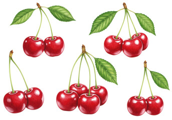 Six ripe red watercolor cherries with green stems and leaves, soft luminous highlights, scattered on a transparent background with copy space. Concept of fresh fruit and healthy eating
