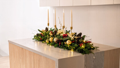 Elegant Christmas centerpiece with candles, gold ornaments, pinecones, floral accents, and greenery on a kitchen island
