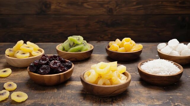 Assortment of Dried and Candied Fruits in Wooden Bowls on Rustic Wooden Table, Healthy Snack, Ingredient, Colorful, Delicious, Sweet Treat, Still Life
