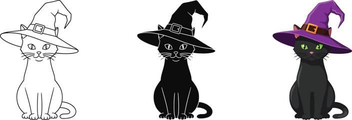 Halloween witch cat set: vector outline, silhouette, and cartoon black cat with purple hat and green eyes, perfect for spooky holiday designs and seasonal illustrations.