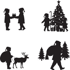 Christmas Silhouette Scenes Depicting Giving Gifts and Santa Claus Delivering Presents