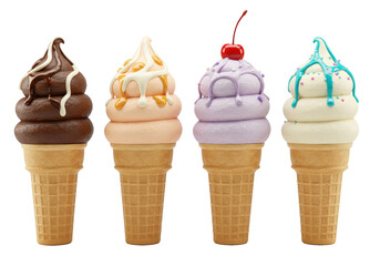 Four soft-serve ice cream cones with sprinkles, cherries, white background, copy space, professional food photography, summer treat concept