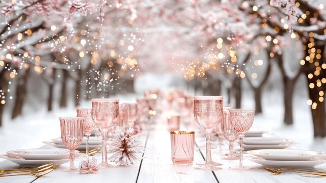 A beautifully arranged pink and white table setting in a snowy pine forest features gold cutlery and delicate floral centerpieces