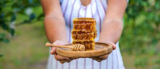 A woman holds honey in the garden. Selective focus.