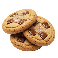 Three golden-brown chocolate chip cookies with melted dark chocolate chunks and sea salt, gently stacked on a transparent studio background with copy space concept for homemade deliciousness
