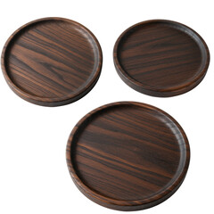 Three polished dark brown wooden serving plates, two flat lay, one angled, showcasing natural grain on a bright white background with copy space, clean product photography concept.