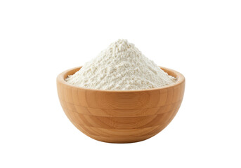 A smooth, polished light brown wooden bowl, brimming with transparent wheat flour, overflowing on a transparent background with copy space, soft shadow. Concept for baking ingredients