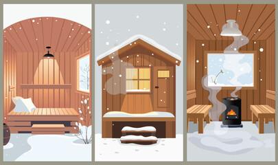 Cozy wooden sauna cabin in snowy winter forest. Warm light, steam and calm hygge atmosphere. Minimal vector illustration in vertical mobile format.