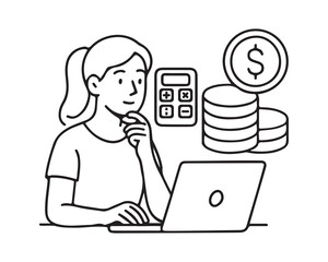 Thoughtful woman planning finances online with laptop and calculator, pursuing financial goals, saving money for the future, making smart investments