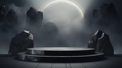 Black background podium stone dark rock product studio platform display luxury. Stand black background podium stage floor scene mockup elegant friday pedestal presentation cosmetic space texture empty