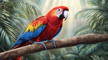 Bright red parrot with vibrant wings rests on a branch, surrounded by lush foliage in a sun-dappled jungle setting