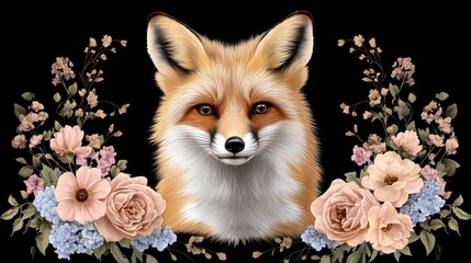 Obraz premium Portrait of a fox surrounded by intricate floral designs, rendered in warm colors with a gothic touch, perfect for t-shirt printing