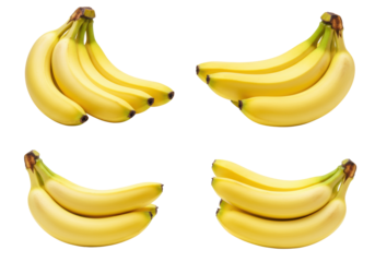 Four separate bunches of ripe, bright yellow bananas with dark brown tips, isolated on a transparent background with copy space and soft studio light, emphasizing healthy food and nutrition with a
