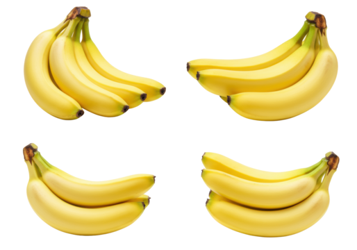Four separate bunches of ripe, bright yellow bananas with dark brown tips, isolated on a transparent background with copy space and soft studio light, emphasizing healthy food and nutrition with a