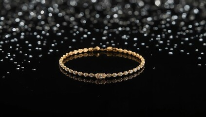 Elegant diamond gold bracelet on black reflective surface with sparkling bokeh lights, luxury jewelry fashion accessory