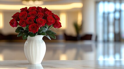 Red roses beautifully arranged in a white vase create a romantic atmosphere on a round table in a warm, inviting hotel room © lililia