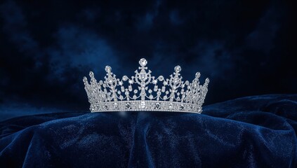 Diamond crown on velvet fabric with dramatic dark blue background  royal luxury, jewels, aristocracy, elegance, night