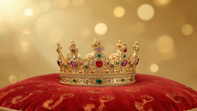 Golden jeweled crown with gemstones on red velvet pillow and elegant bokeh background for royalty and luxury themes