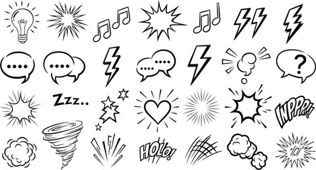 Vector Illustration of Hand-Drawn Comic Book Style Elements: Lightbulb, Music Notes, Speech Bubbles, Zzz, Heart, Explosion