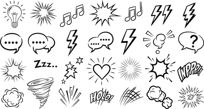 Vector Illustration of Hand-Drawn Comic Book Style Elements: Lightbulb, Music Notes, Speech Bubbles, Zzz, Heart, Explosion