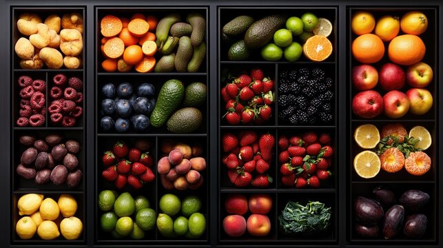 Colorful fruits including oranges, apples, and lemons are neatly arranged in display boxes at a lively market, highlighting the freshness of produce