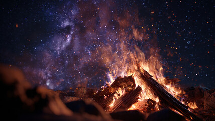 Naklejka premium Intense Campfire With Bright Orange Flames Burning Wood Logs Against Purple Starry Sky And Cosmic Nebula