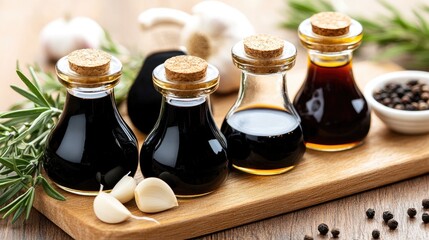 Glass bottles of olive oil and balsamic vinegar sit on wood, surrounded by herbs and garlic, creating a cozy atmosphere