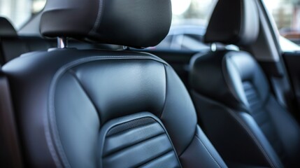 Black leather car seats with headrests inside a vehicle interior, showing front and rear seating areas.