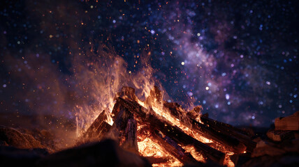 Intense Campfire With Bright Orange Flames Burning Wood Logs Against Purple Starry Sky And Cosmic Nebula