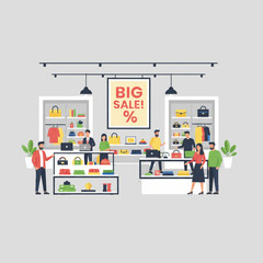 Large Retail Store Winter Sale Display with Shoppers Looking at Discount Posters and Sale Items in Flat Vector Illustration on Solid Background