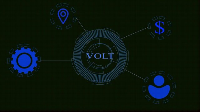 Futuristic blue digital HUD with VO text and icons for location finance and people interface technology