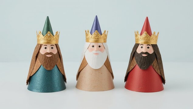 Colorful three wise men figurines with golden crowns and beards for epiphany or christmas reyes magos celebration on minimal background
