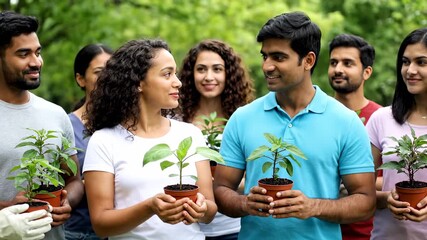 Group of young Indian people holding small plants, promoting environmental conservation and tree planting.