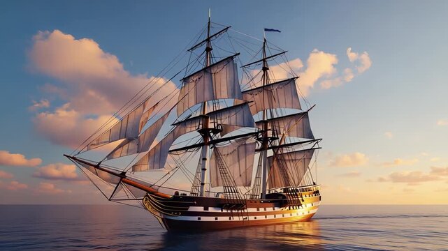 Majestic Tall Ship Sailing on Calm Ocean Waters at Sunset, Classic Nautical Vessel with Full Sails and Detailed Rigging
