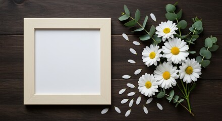 Obraz premium Empty light wood frame with white daisies and eucalyptus leaves empty frame picture frame