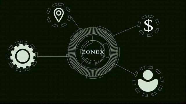 Digital Network Schematic with ZON Central Hub and White Icons for Location, Gear, Dollar, and Person