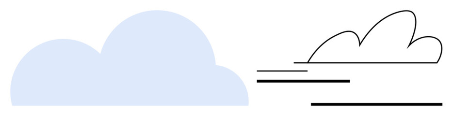Puffy blue cloud paired with minimalist black line cloud and motion lines. Ideal for weather, technology, speed, data, innovation, networking, simplicity and modern concepts. Simple flat metaphor