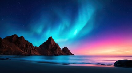 Fototapeta premium A stunning twilight scene featuring majestic mountains under a vibrant aurora borealis, reflecting on calm waters.