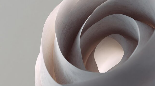 Close-up of an abstract sculpture. the sculpture is made up of multiple layers of different shades of gray and white, creating a spiral-like pattern.