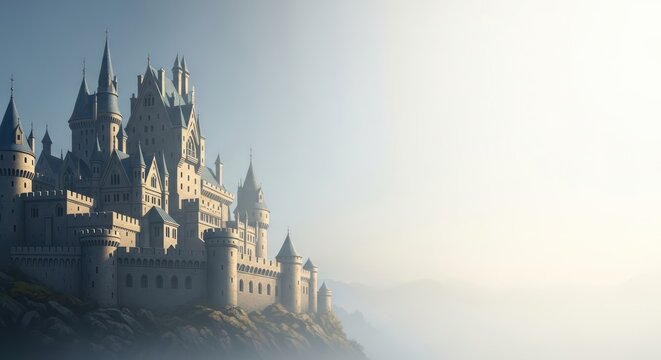 Majestic castle perched atop a misty peak, a dreamlike vista unfolds