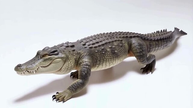 A hyper-realistic isometric 3D render of a crocodile walking slowly on a clean white seamless background. The crocodile&rsquo;s rough scaly texture, muscular tail, and detailed skin folds.