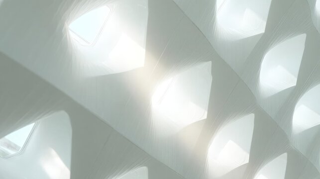 Abstract digital art piece that appears to be a 3d rendering of a modern architectural structure. the background is a light grey color with a geometric pattern of overlapping triangles and rectangles. - Powered by Adobe