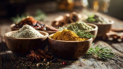 Assortment of vibrant ground spices and aromatic herbs displayed in rustic wooden bowls upon a textured surface