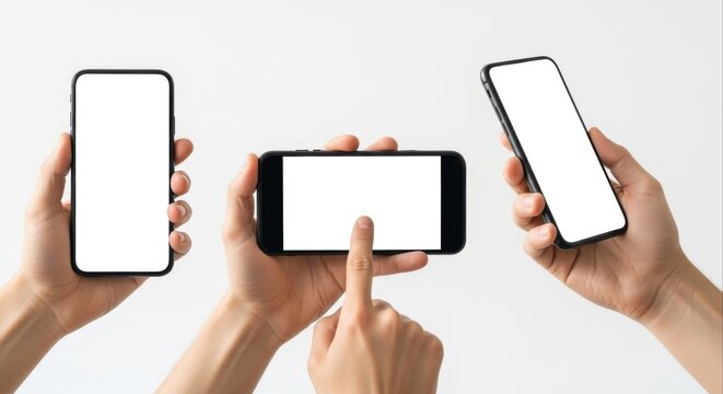 Set of hands holding modern smartphones with blank white screens for mockup.