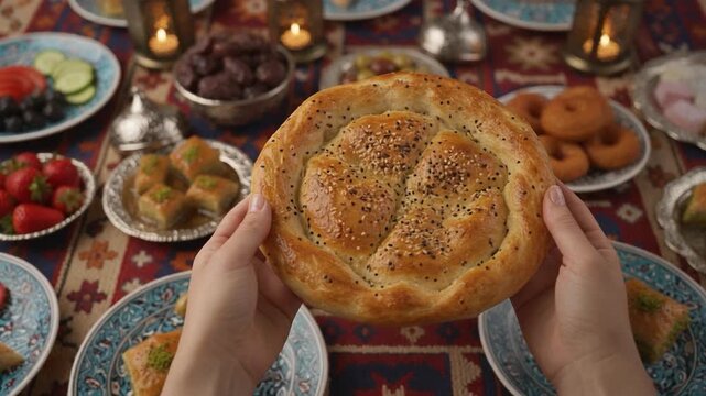 A freshly baked Ramadan pita bread being held above a beautifully arranged iftar table filled with traditional foods, sweets, and glowing lanterns.