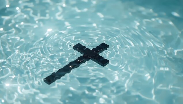 Black cross floating on clear blue water with sunlight reflections and gentle ripples symbolizing faith and tranquility
