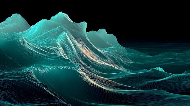 Abstract luminous topographic lines form intense turbulent waves against a dark void