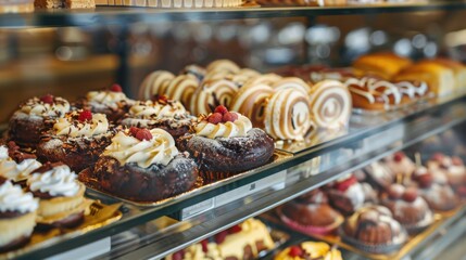 A display of assorted pastries in a bakery. The selection includes chocolate cupcakes, cinnamon rolls, and cream-filled desserts. Freshly baked and appealing.